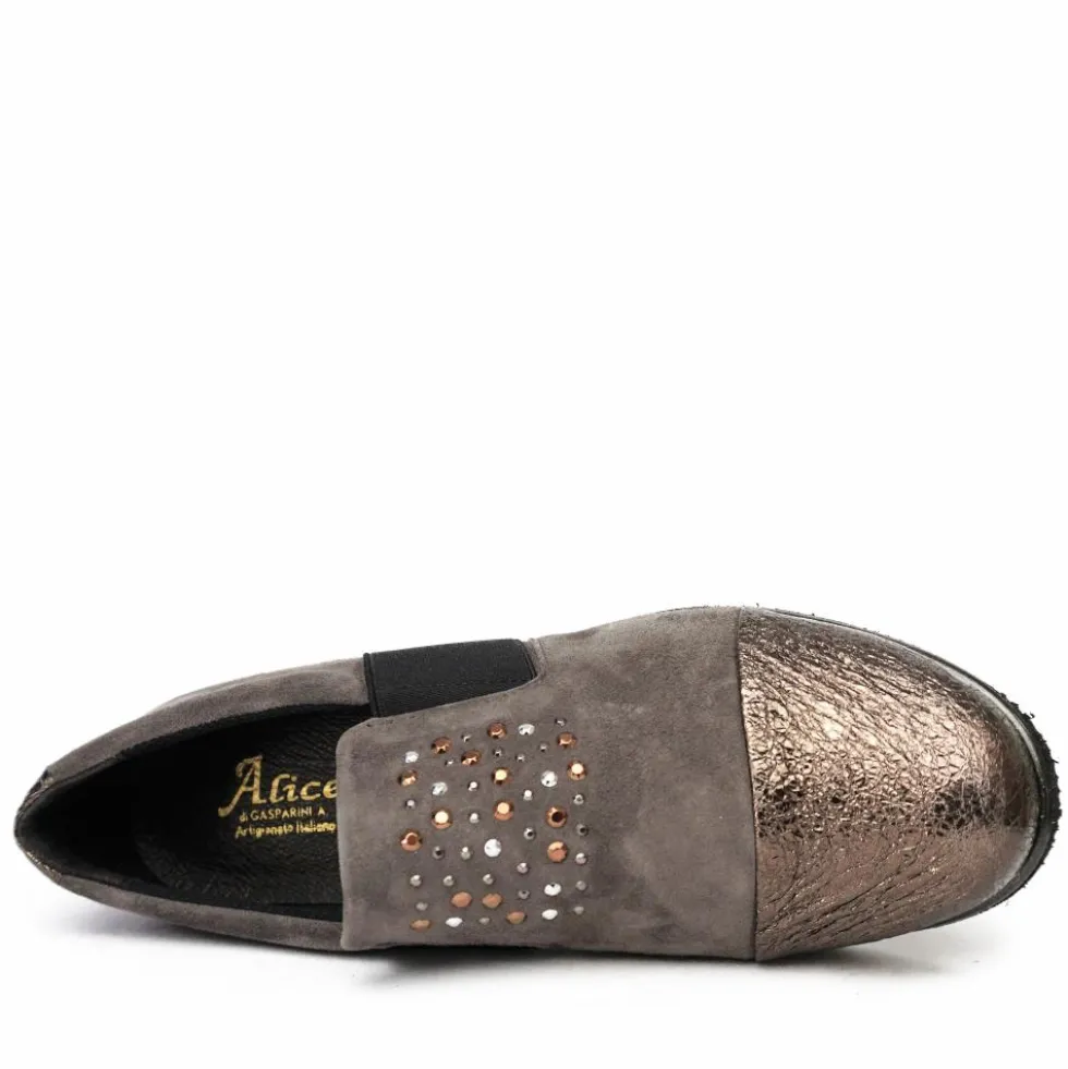 ALICE SCARPETTA MOCASSINO IN CAMOSCIO CON STRASS E TESSUTO ELASTICIZZATO TORTORA