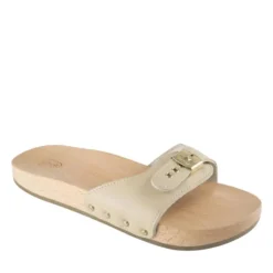 DR SCHOLL CIABATTA UOMO DONNA IN PELLE E LEGNO DI FAGGIO SABBIA
