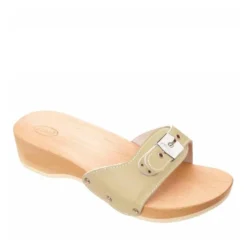DR SCHOLL PESCURA HEEL CIABATTA DONNA IN PELLE E LEGNO DI FAGGIO CON TACCO SABBIA