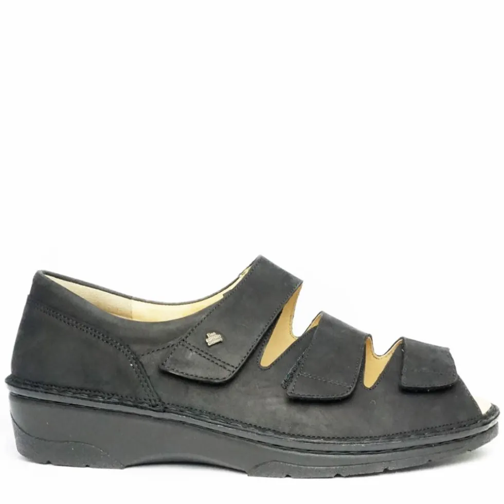 FINN COMFORT ISCHIA SANDALO UOMO IN PELLE CON FORTE POSTERIORE TRIPLO STRAPPO NERO