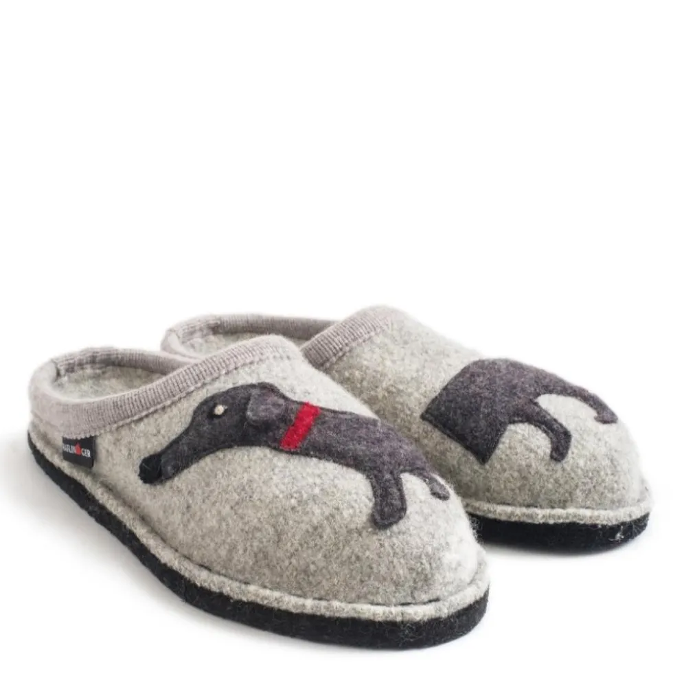 HAFLINGER FLAIR DACKEL PANTOFOLE IN FELTRO DI LANA CANE GRIGIO