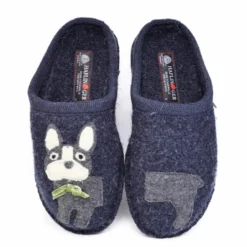 HAFLINGER FLAIR PUPPY PANTOFOLA IN FELTRO DI LANA BLU CON CANE