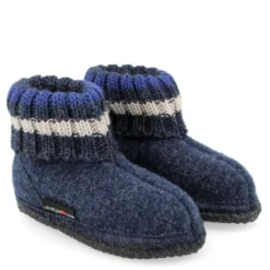 HAFLINGER HUTTENSCHUH PAUL PANTOFOLA A STIVALETTO IN LANA COTTA BLU