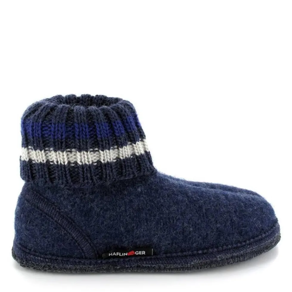 HAFLINGER HUTTENSCHUH PAUL PANTOFOLA A STIVALETTO IN LANA COTTA BLU